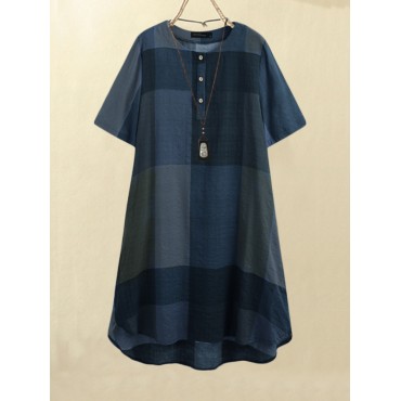 Women Vintage Plaid Print Button Front O-Neck Short Sleeve Loose Casual Shirt Dress With Pocket