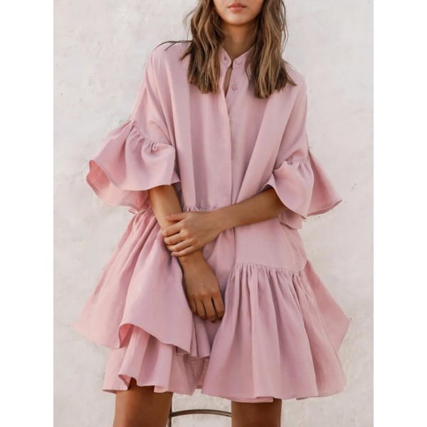 Women Petal Sleeve Irregular Ruffle Hem Pleated Button Casual Mini Dress