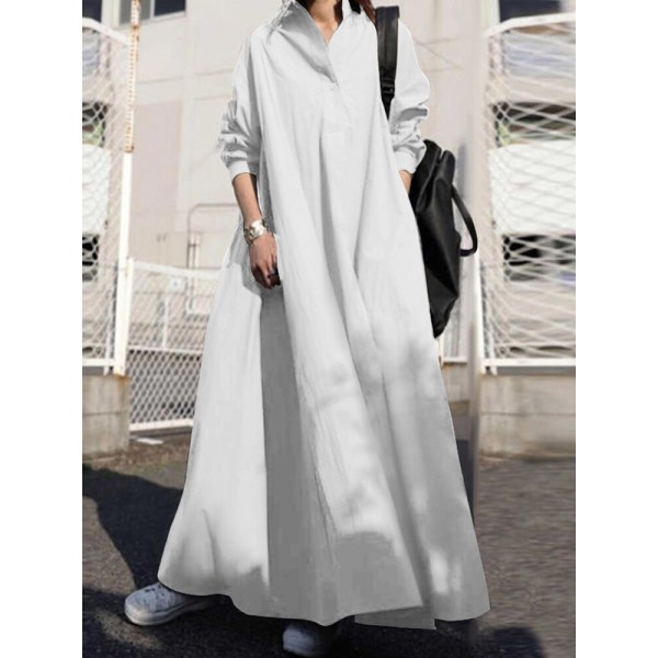 Women Solid Color Turn-down Collar Long Sleeve Button Casual Shirt Dresses