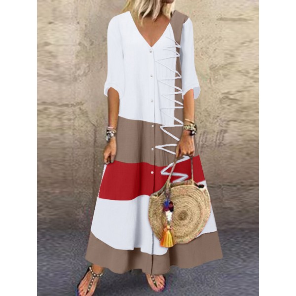 Multicolor Patchwork V Neck Button Maxi Dress