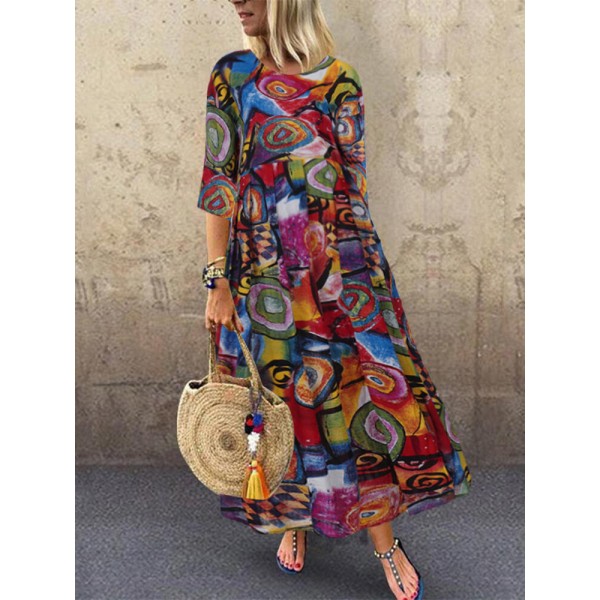 Women Retro Graffiti Print Round Neck Pleated Casual Maxi Dresses